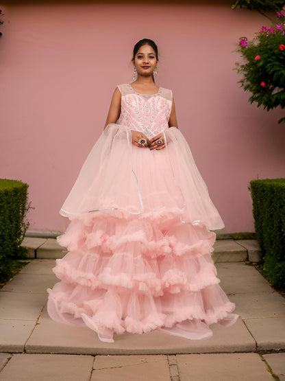 Pink Gown with Cut Dana &amp; Sequin Work by Shreekama Pink Designer Gowns for Party Festival Wedding Occasion in Noida