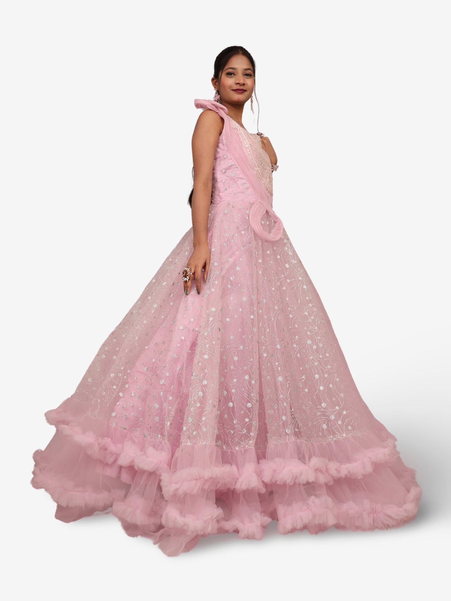 Gown with Cut Dana &amp; Glitter Work by Shreekama Pink Designer Gowns for Party Festival Wedding Occasion in Noida