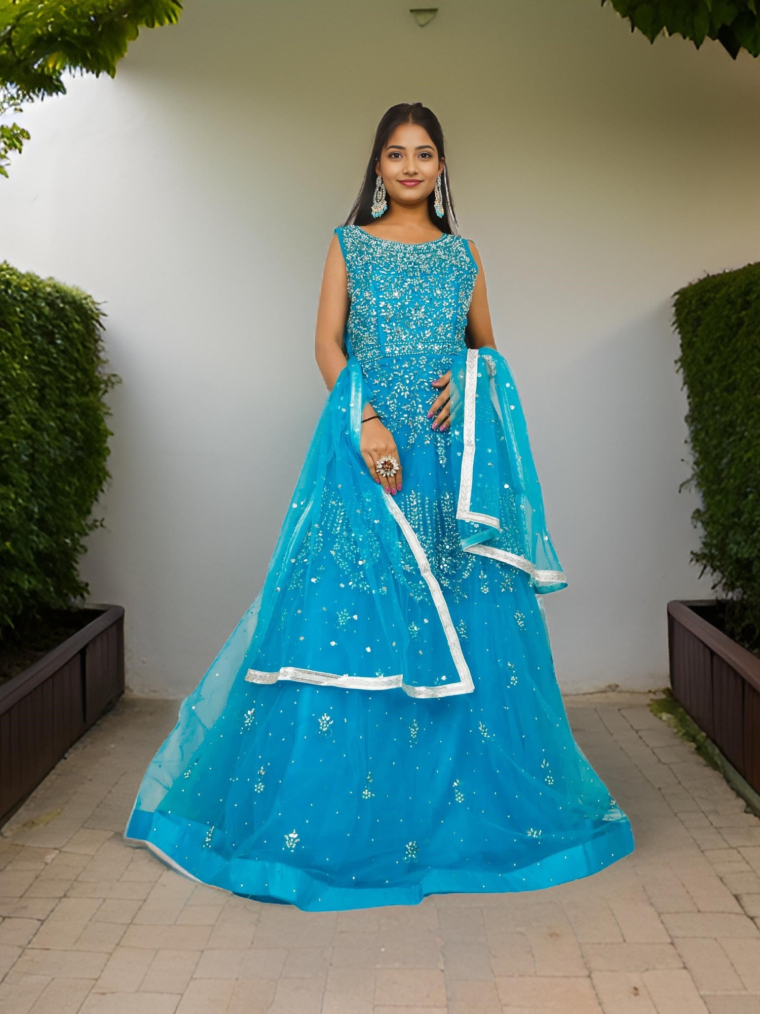 Net Fabric Gown with Mirror &amp; Pearls by Shreekama Blue Designer Gowns for Party Festival Wedding Occasion in Noida