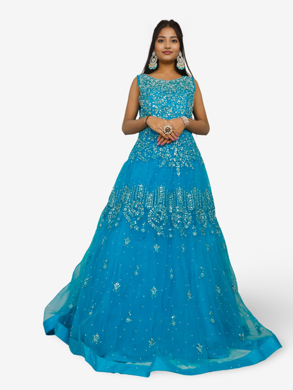 Net Fabric Gown with Mirror &amp; Pearls by Shreekama Blue Designer Gowns for Party Festival Wedding Occasion in Noida