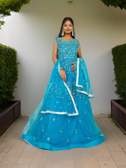 Net Fabric Gown with Mirror &amp; Pearls by Shreekama Blue Designer Gowns for Party Festival Wedding Occasion in Noida