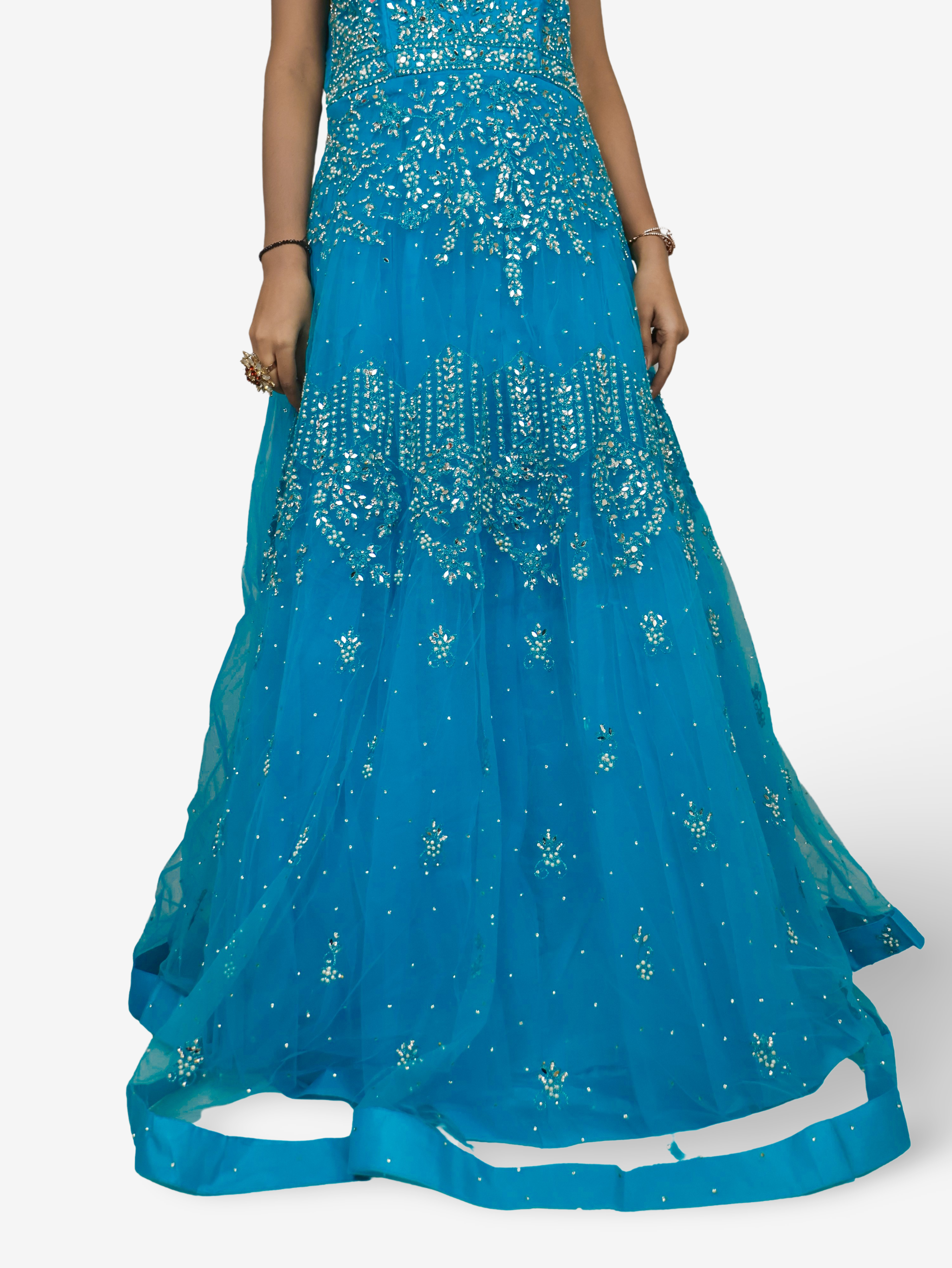 Net Fabric Gown with Mirror &amp; Pearls by Shreekama Blue Designer Gowns for Party Festival Wedding Occasion in Noida