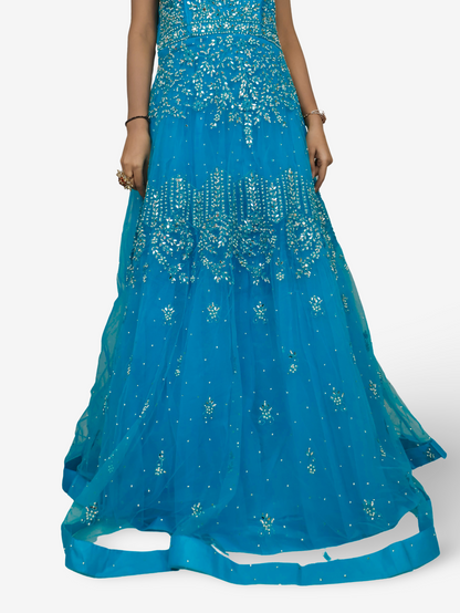 Net Fabric Gown with Mirror &amp; Pearls by Shreekama Blue Designer Gowns for Party Festival Wedding Occasion in Noida