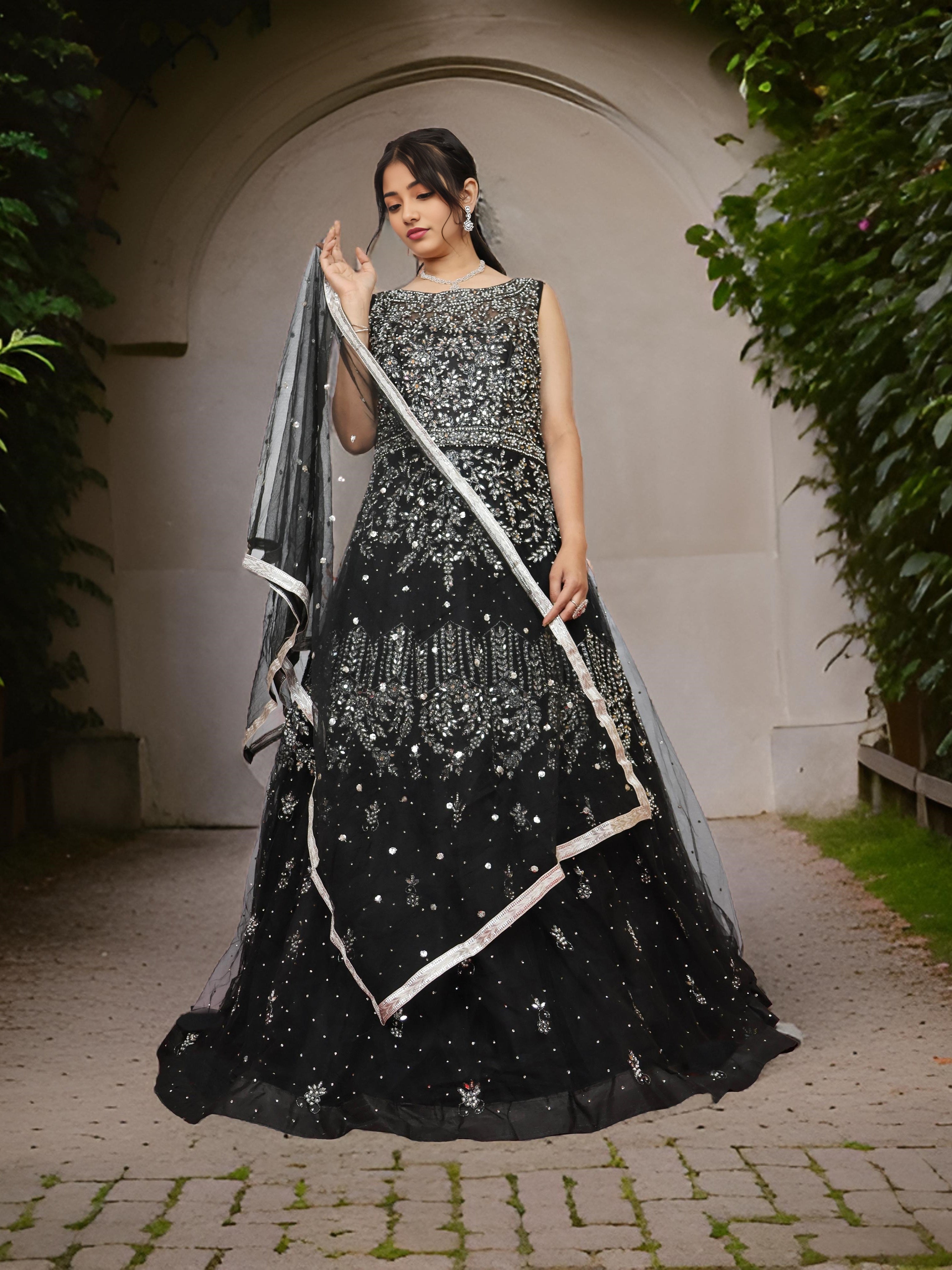 Net Fabric Gown with Mirror &amp; Pearls by Shreekama Black Designer Gowns for Party Festival Wedding Occasion in Noida