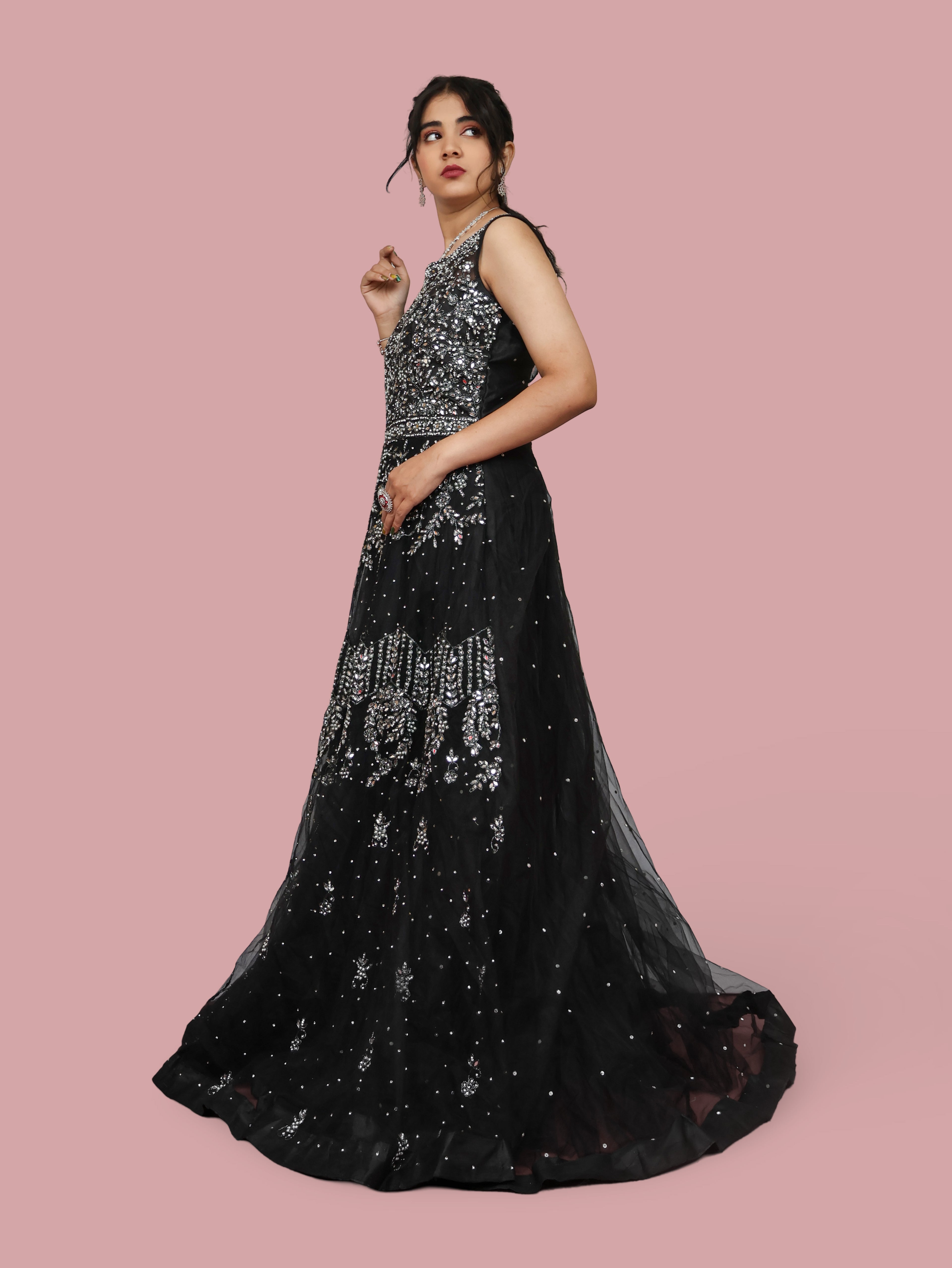 Net Fabric Gown with Mirror &amp; Pearls by Shreekama Black Designer Gowns for Party Festival Wedding Occasion in Noida