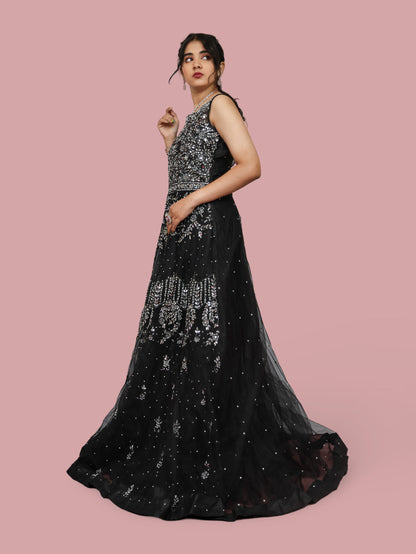 Net Fabric Gown with Mirror &amp; Pearls by Shreekama Black Designer Gowns for Party Festival Wedding Occasion in Noida