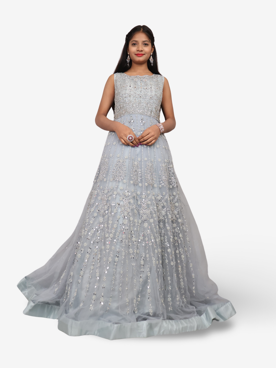 Net Fabric Gown with Pearl &amp; Embroidery by Shreekama Grey Designer Gowns for Party Festival Wedding Occasion in Noida