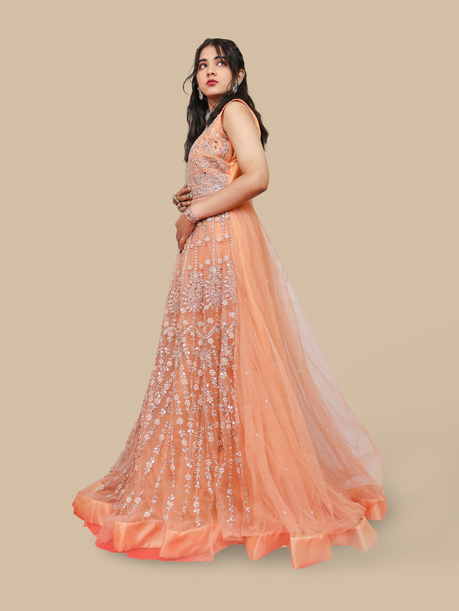 Net Fabric Gown with Pearl &amp; Embroidery by Shreekama Peach Designer Gowns for Party Festival Wedding Occasion in Noida