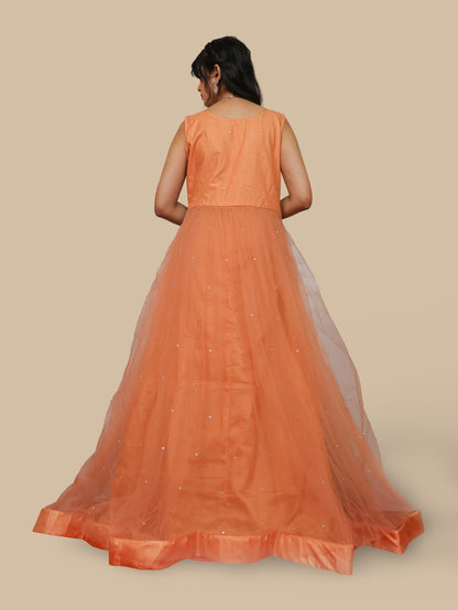 Net Fabric Gown with Pearl &amp; Embroidery by Shreekama Peach Designer Gowns for Party Festival Wedding Occasion in Noida
