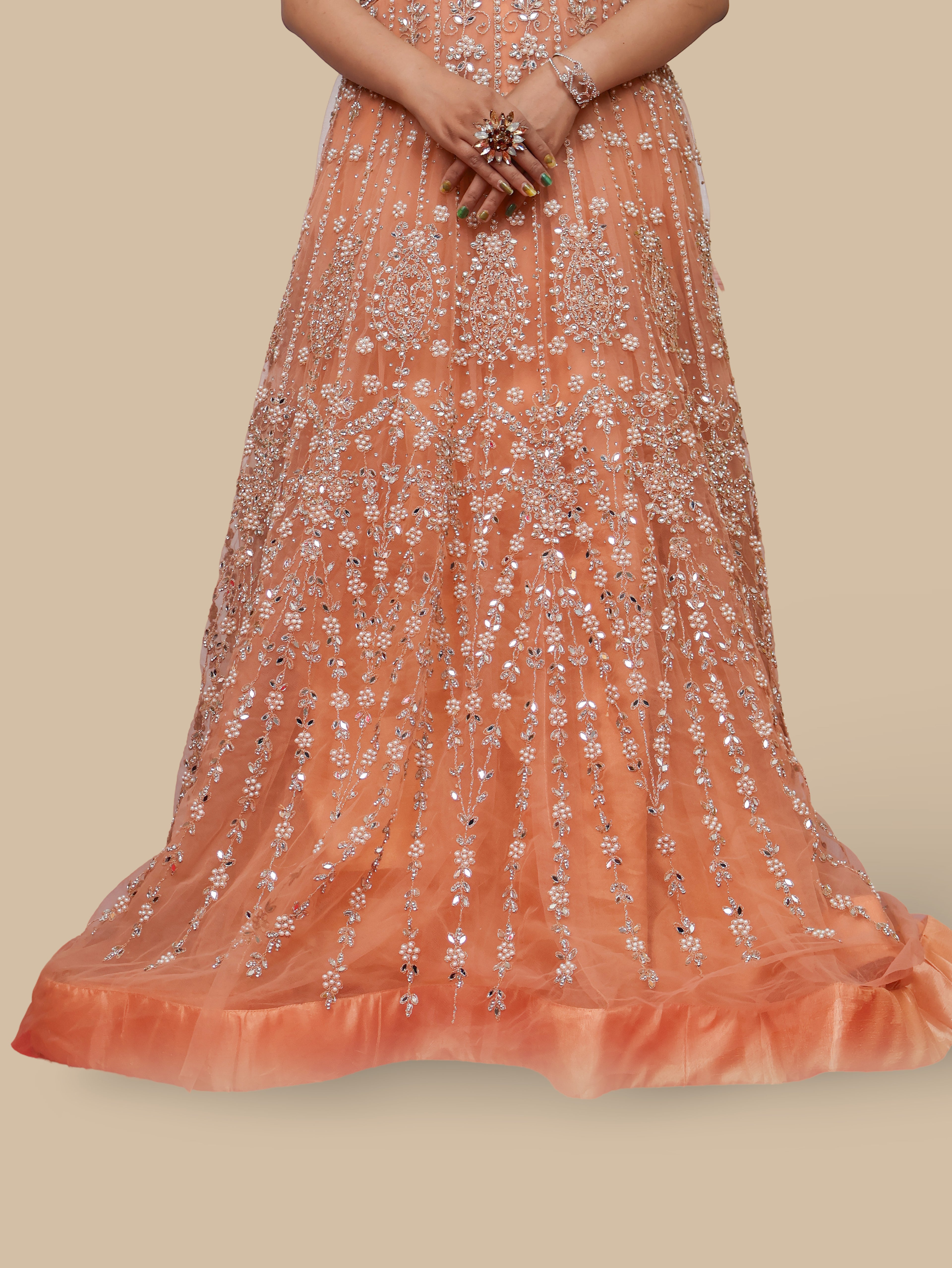 Net Fabric Gown with Pearl &amp; Embroidery by Shreekama Peach Designer Gowns for Party Festival Wedding Occasion in Noida