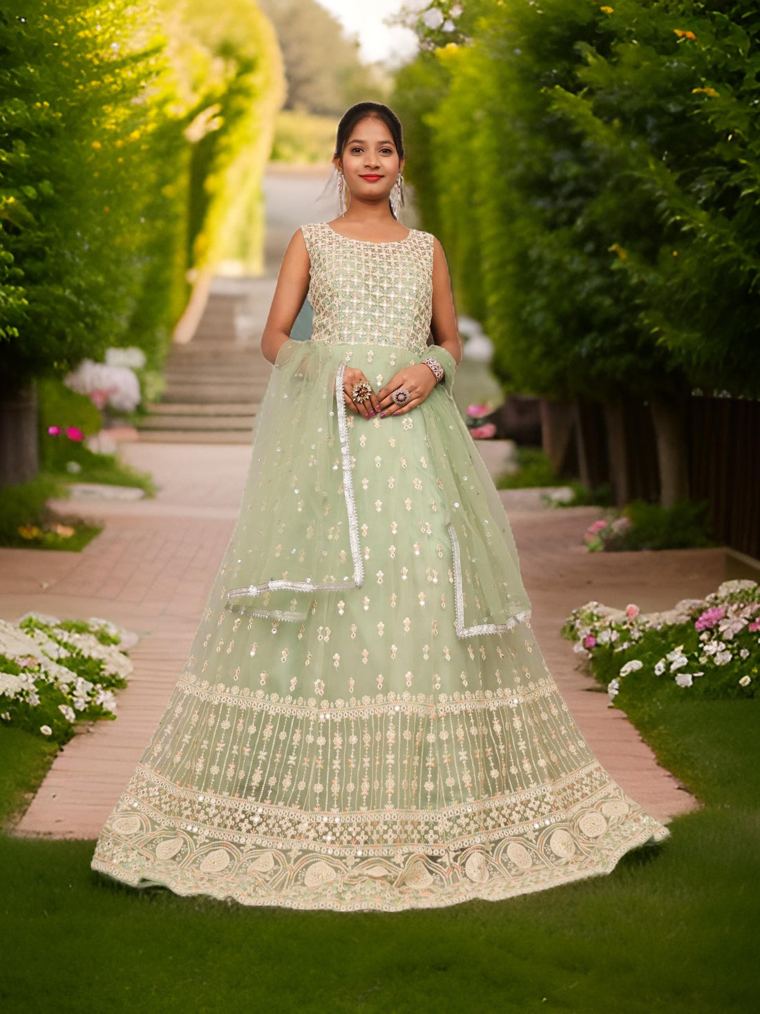 Net Fabric Gown with Sequin &amp; Embroidery Work by Shreekama Pista Green Designer Gowns for Party Festival Wedding Occasion in Noida