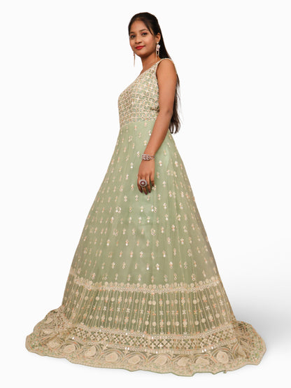 Net Fabric Gown with Sequin &amp; Embroidery Work by Shreekama Pista Green Designer Gowns for Party Festival Wedding Occasion in Noida