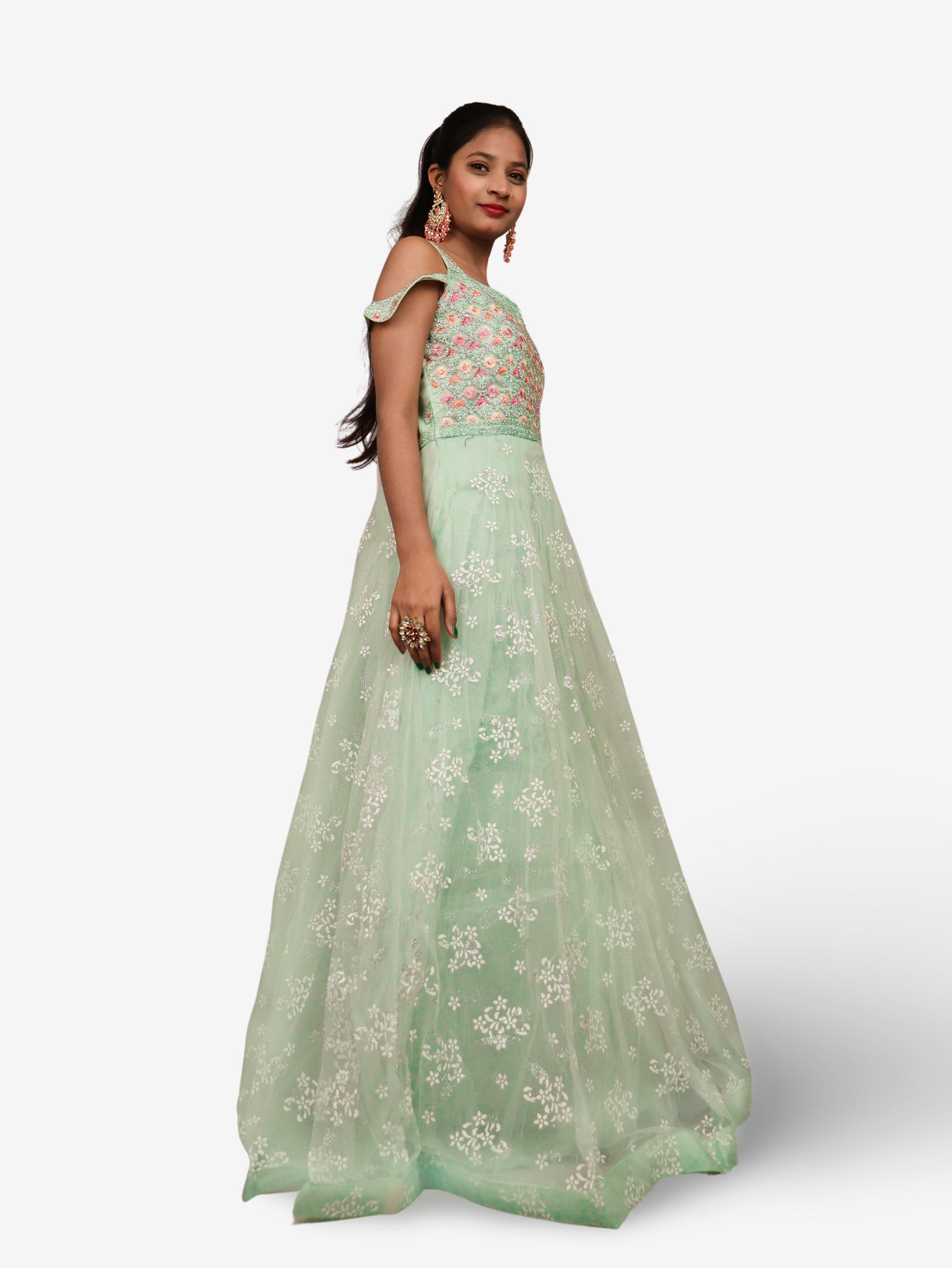 Gown with Stone Work &amp; Embroidery by Shreekama Pista Green Designer Gowns for Party Festival Wedding Occasion in Noida