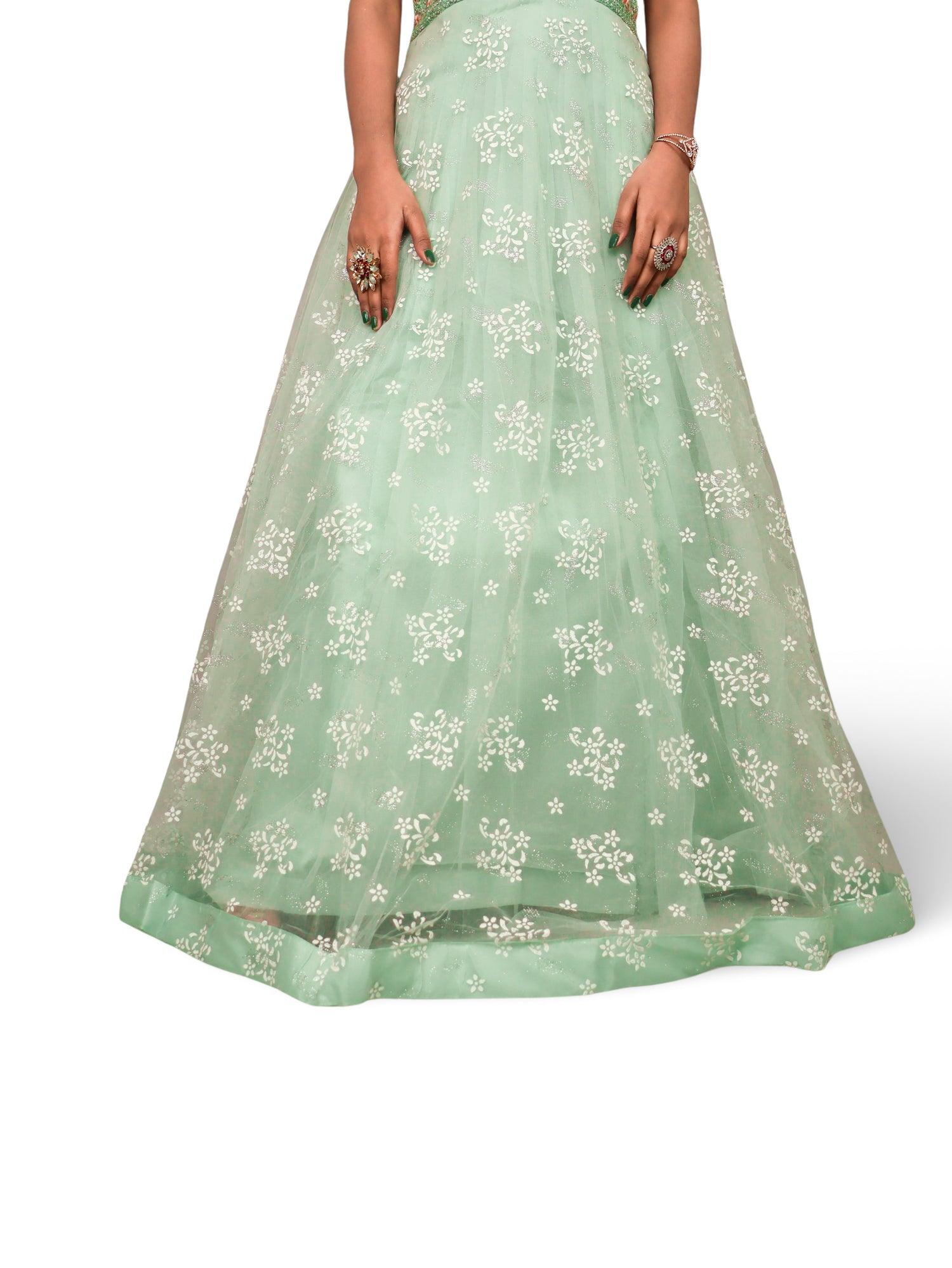 Gown with Stone Work &amp; Embroidery by Shreekama Pista Green Designer Gowns for Party Festival Wedding Occasion in Noida