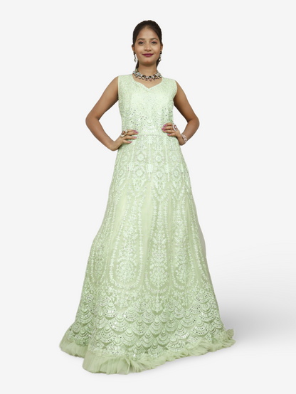 Gown with Thread Work &amp; Stones by Shreekama Pista Green Designer Gowns for Party Festival Wedding Occasion in Noida