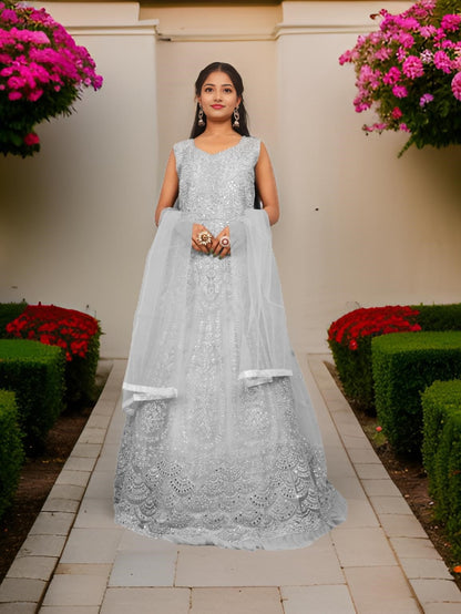 Gown with Thread Work &amp; Stones by Shreekama Grey Designer Gowns for Party Festival Wedding Occasion in Noida