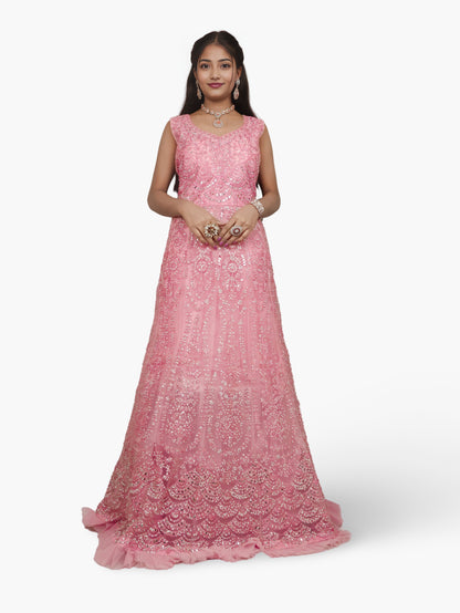 Gown with Thread Work &amp; Stones by Shreekama Pink Designer Gowns for Party Festival Wedding Occasion in Noida