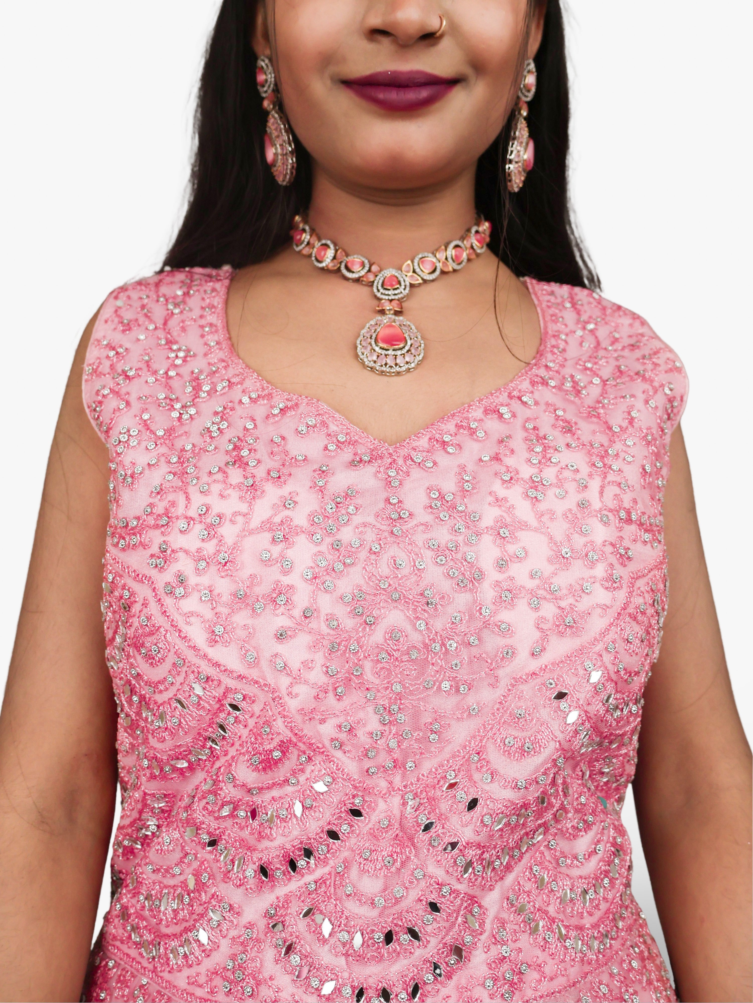 Gown with Thread Work &amp; Stones by Shreekama Pink Designer Gowns for Party Festival Wedding Occasion in Noida