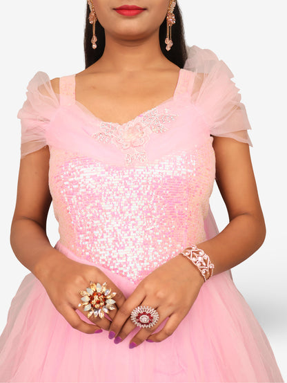 Net Fabric Gown with Sequin &amp; Beads work by Shreekama Pink Designer Gowns for Party Festival Wedding Occasion in Noida
