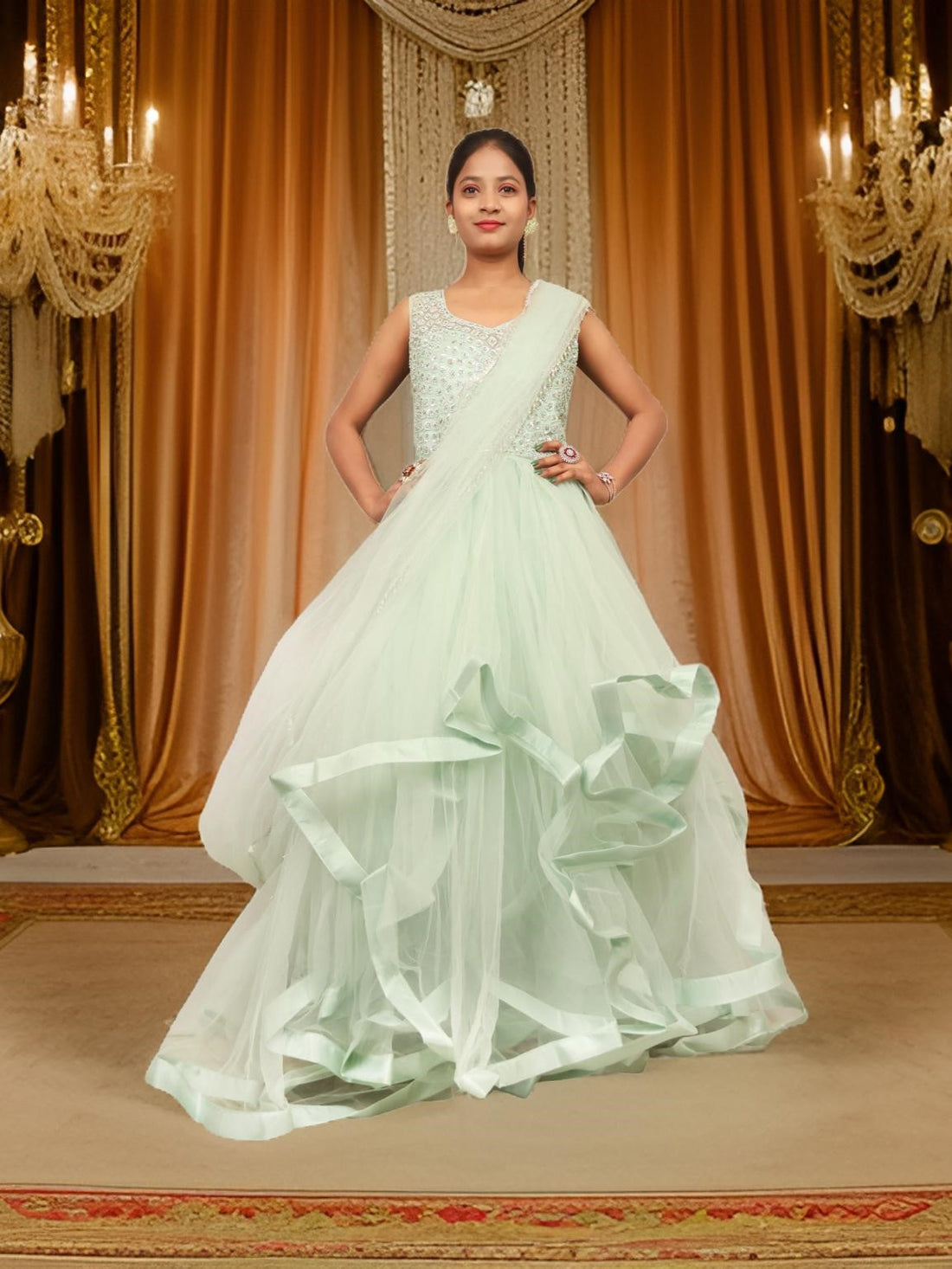 Gown with Stone &amp; Beads Work by Shreekama Pista Green Designer Gowns for Party Festival Wedding Occasion in Noida