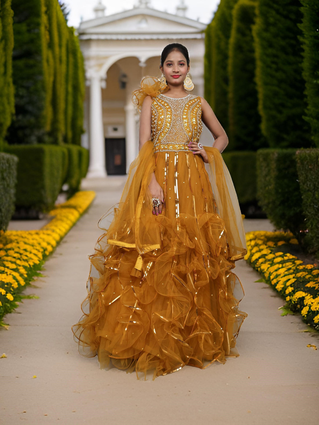 Gown with Cut Dana &amp; Sequin Work by Shreekama Mustard Yellow Designer Gowns for Party Festival Wedding Occasion in Noida