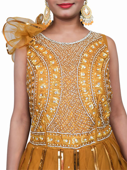 Gown with Cut Dana &amp; Sequin Work by Shreekama Mustard Yellow Designer Gowns for Party Festival Wedding Occasion in Noida