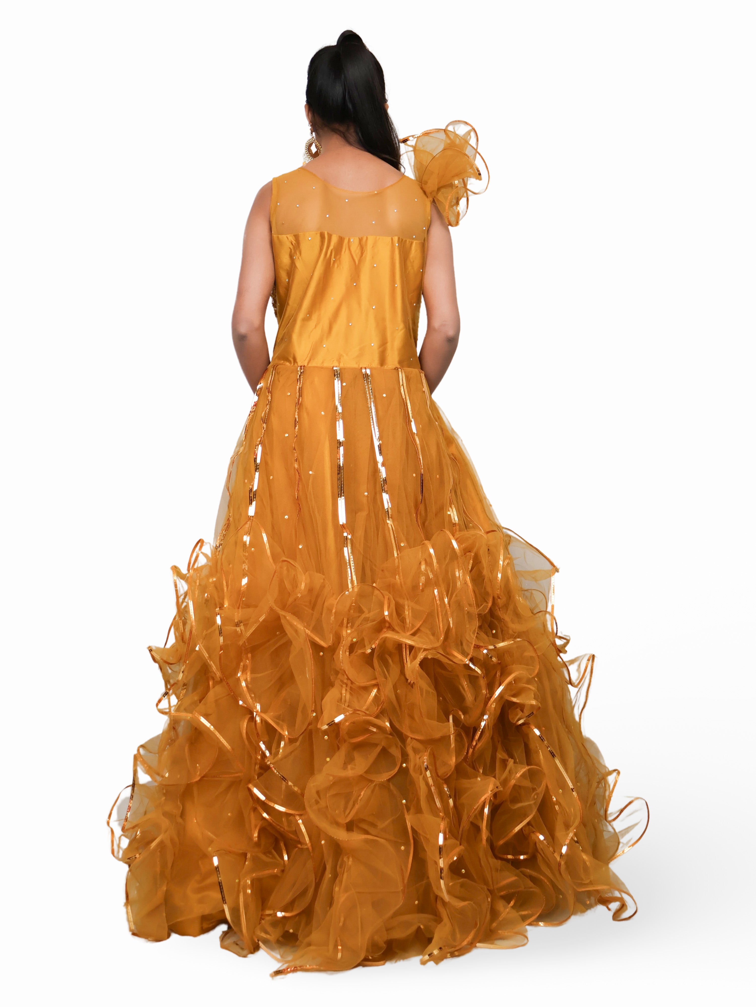 Gown with Cut Dana &amp; Sequin Work by Shreekama Mustard Yellow Designer Gowns for Party Festival Wedding Occasion in Noida