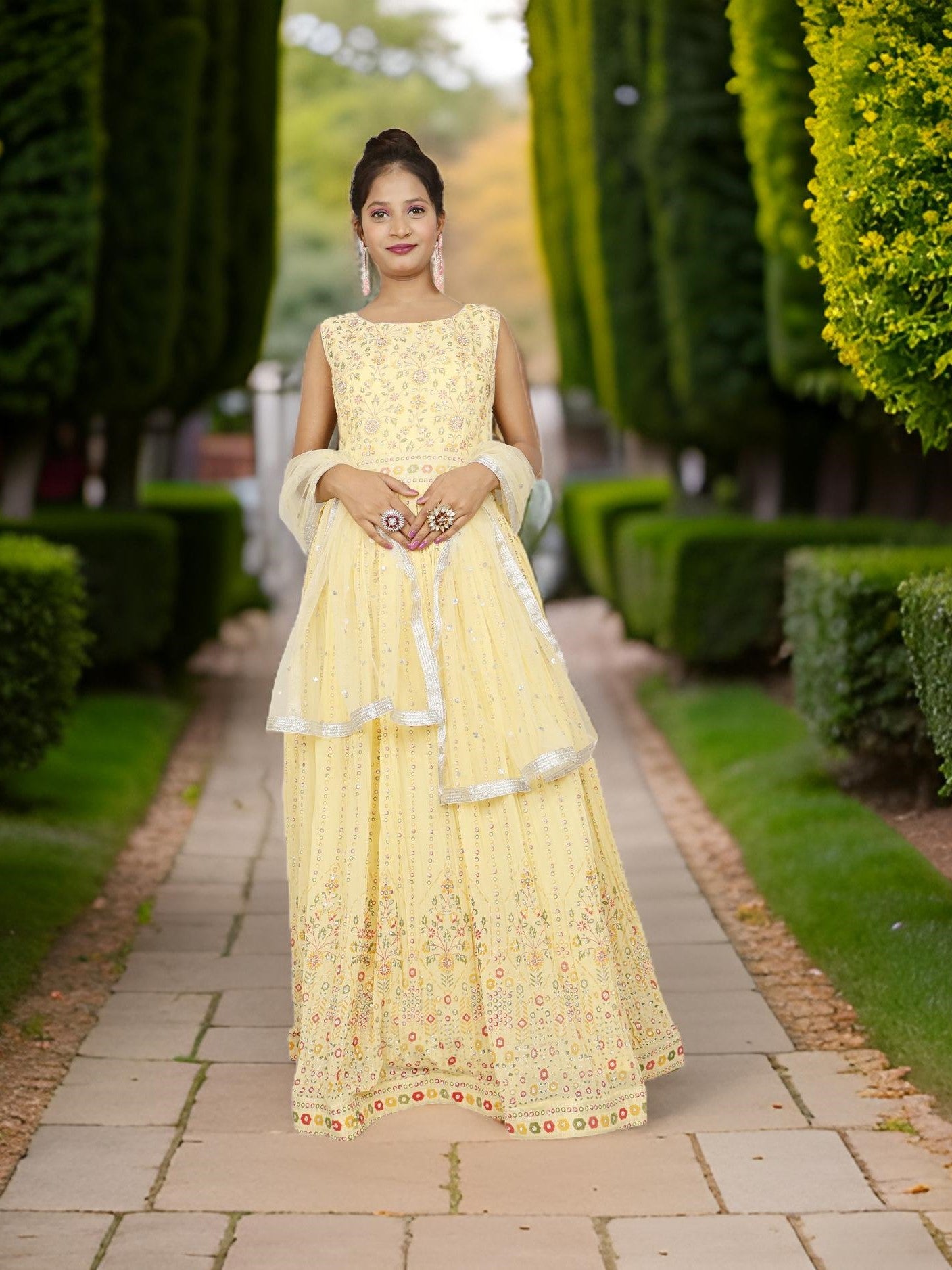 Designer gown with Dupatta for Women by Shreekama Lemon Designer Gowns for Party Festival Wedding Occasion in Noida