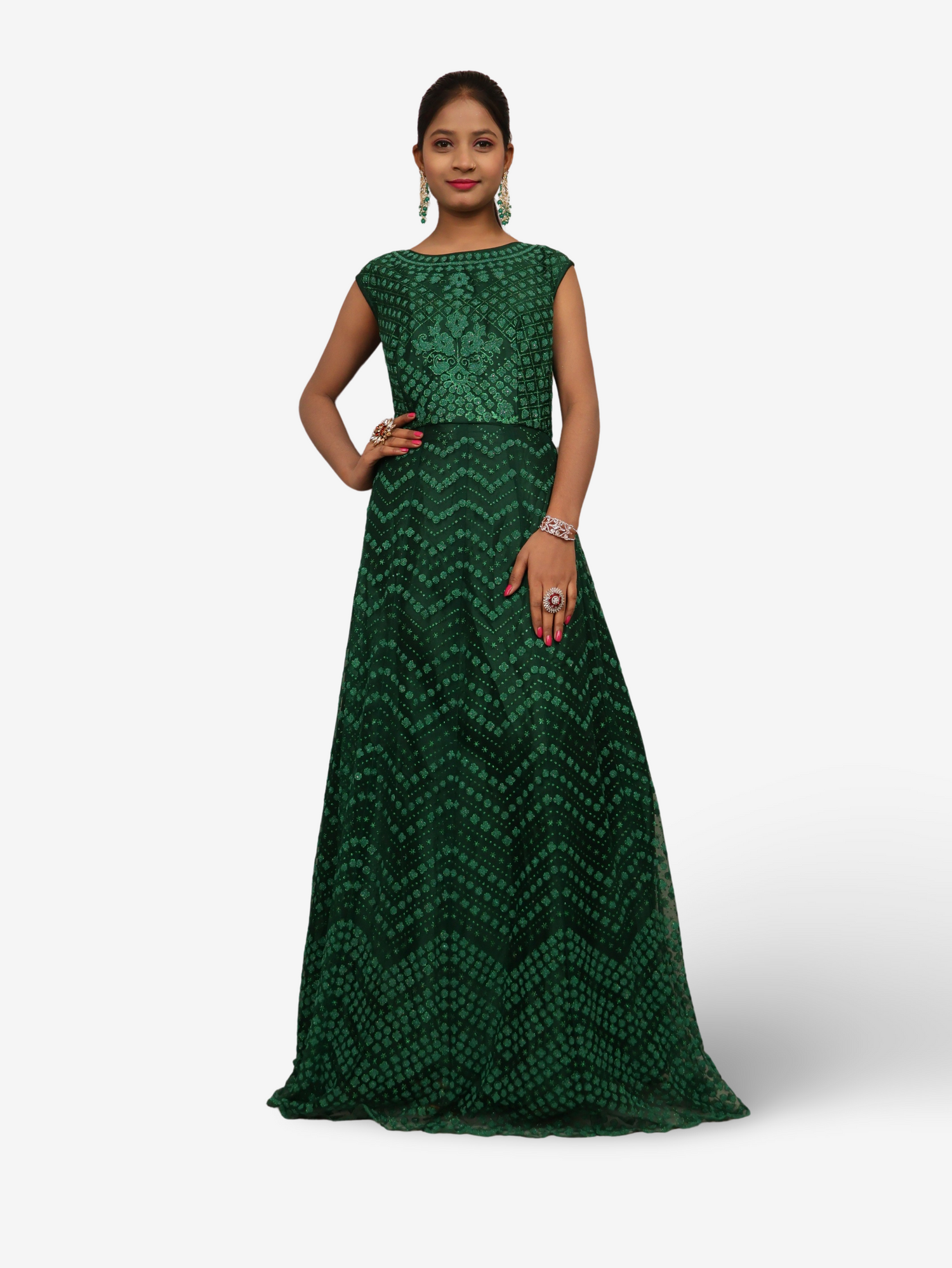 Gown with Glitter &amp; Shimmery effect for Women by Shreekama Dark Green Designer Gowns for Party Festival Wedding Occasion in Noida