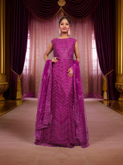 Gown with Glitter &amp; Shimmery effect for Women by Shreekama Dark Purple Designer Gowns for Party Festival Wedding Occasion in Noida