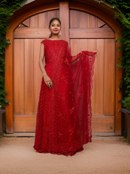 Gown with Glitter &amp; Shimmery effect for Women by Shreekama Red Designer Gowns for Party Festival Wedding Occasion in Noida