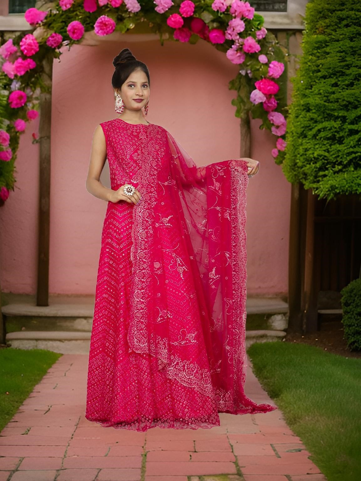 Gown with Glitter &amp; Shimmery effect for Women by Shreekama Magenta Designer Gowns for Party Festival Wedding Occasion in Noida