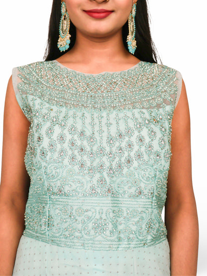 Gown with Embroidery &amp; Glitter Work by Shreekama Sky Blue Designer Gowns for Party Festival Wedding Occasion in Noida