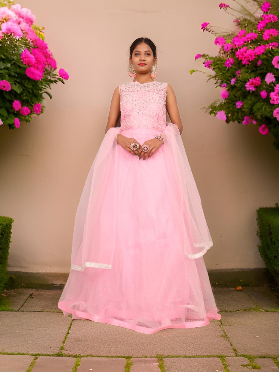 Gown with Embroidery &amp; Glitter Work by Shreekama Lemon Designer Gowns for Party Festival Wedding Occasion in Noida