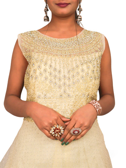 Gown with Embroidery &amp; Glitter Work by Shreekama Lemon Designer Gowns for Party Festival Wedding Occasion in Noida