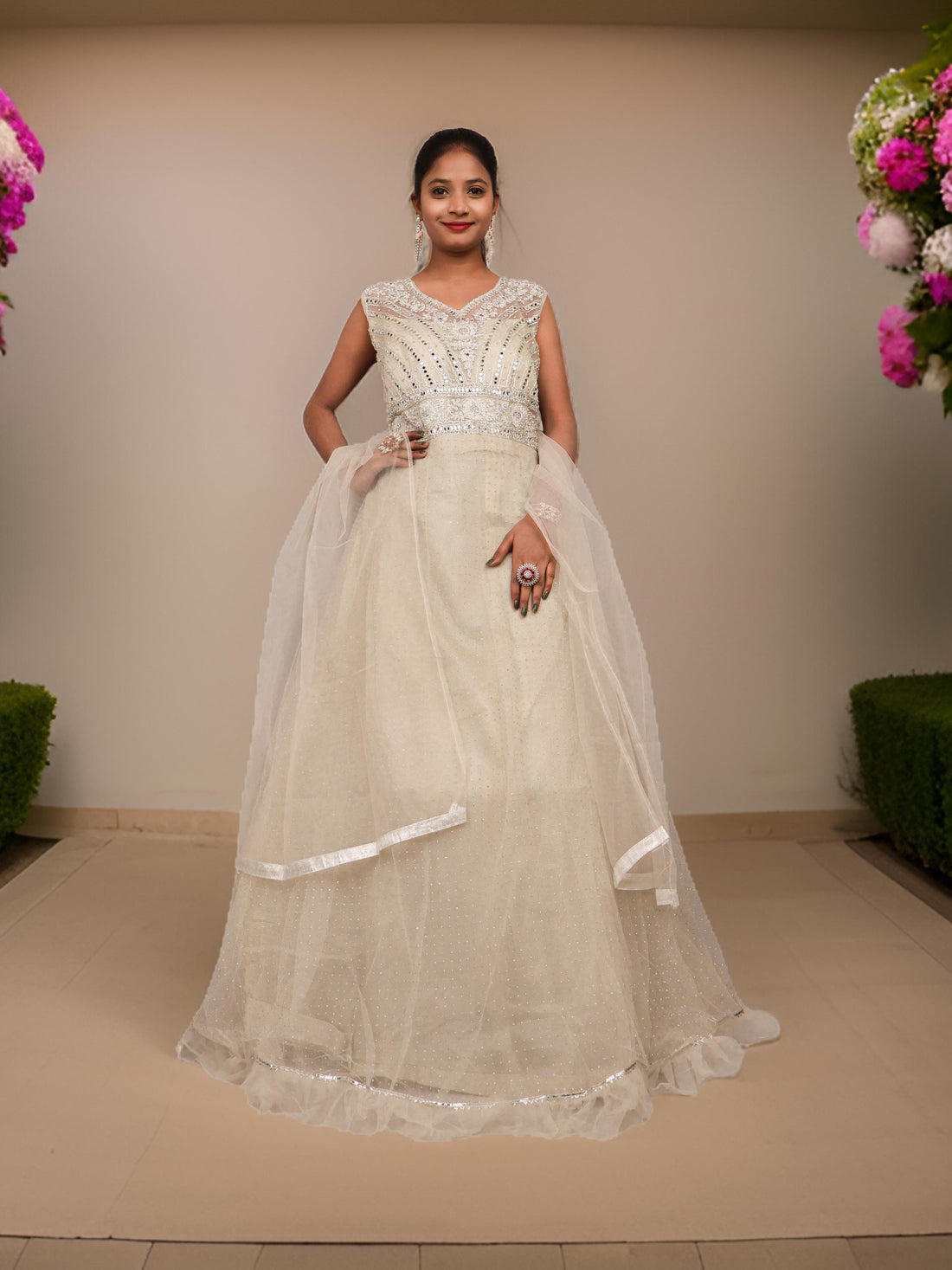 Gown with Embroidery &amp; Glitter Work by Shreekama Off White Designer Gowns for Party Festival Wedding Occasion in Noida