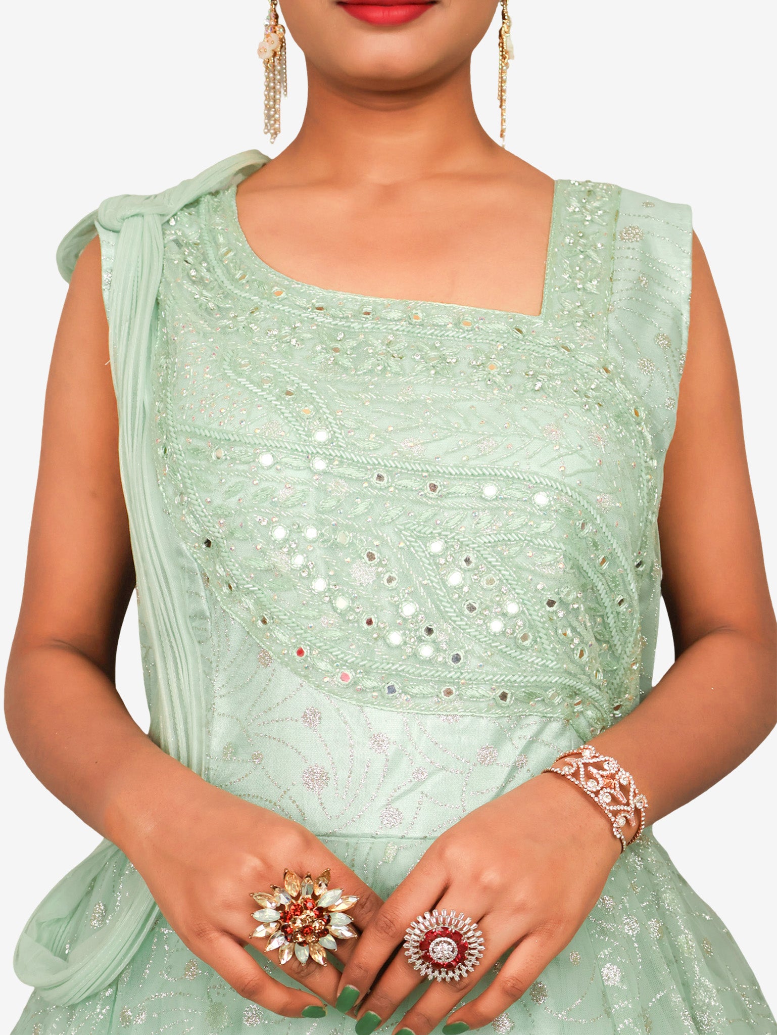 Gown with Mirror &amp; Cut Dana Work by Shreekama Pista Green Designer Gowns for Party Festival Wedding Occasion in Noida