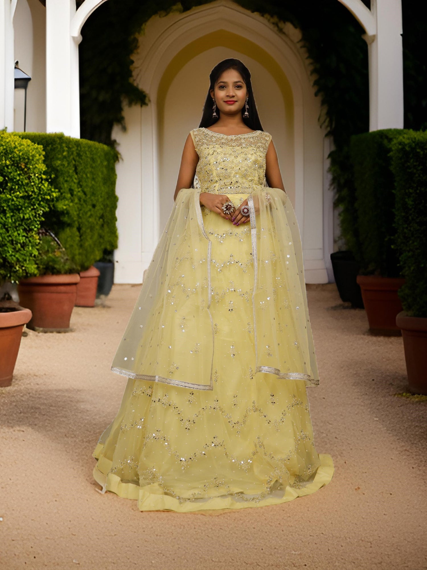 Gown with Pearls &amp; Sequin by Shreekama Lemon Yellow Designer Gowns for Party Festival Wedding Occasion in Noida