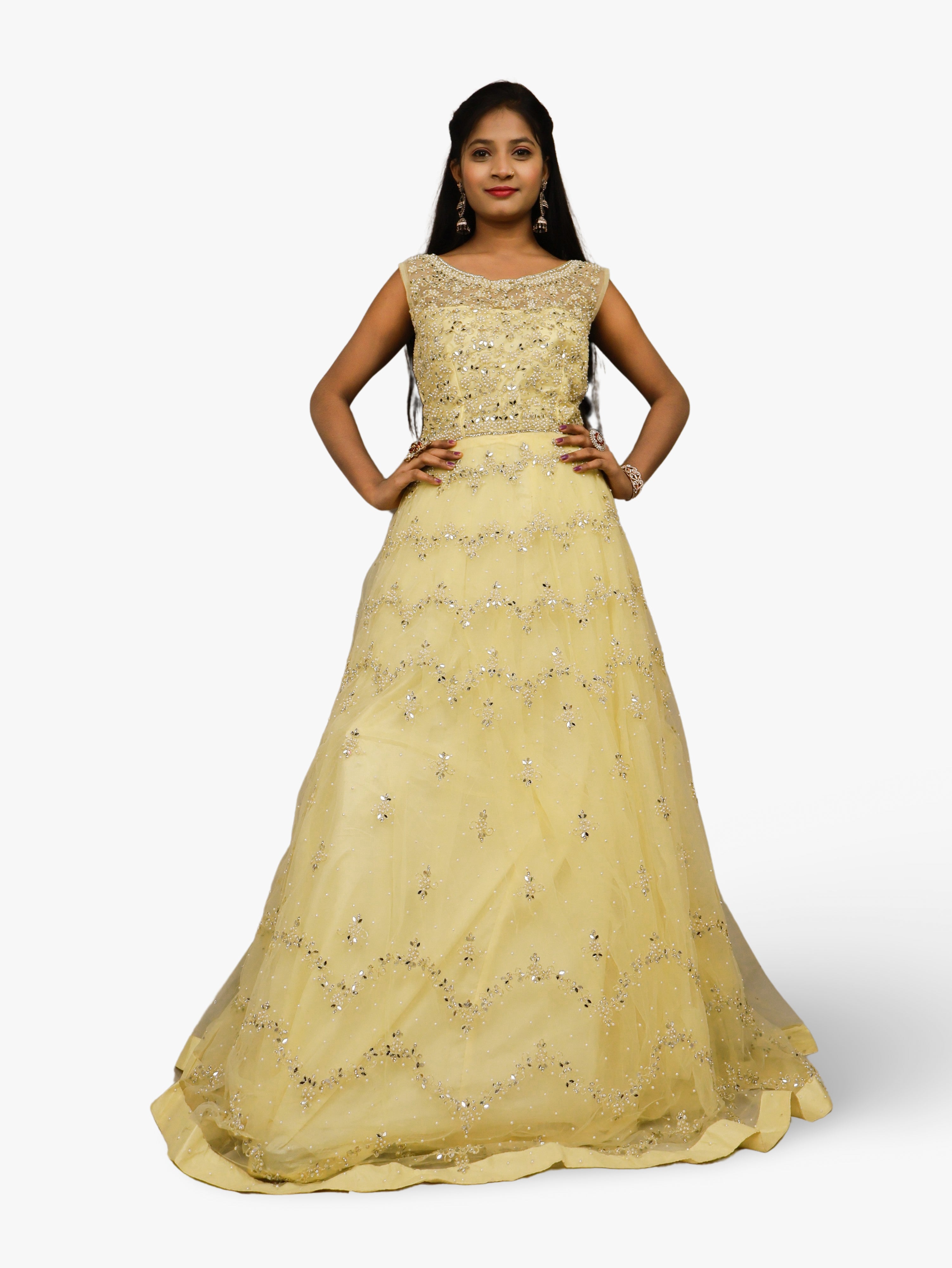 Gown with Pearls &amp; Sequin by Shreekama Lemon Yellow Designer Gowns for Party Festival Wedding Occasion in Noida