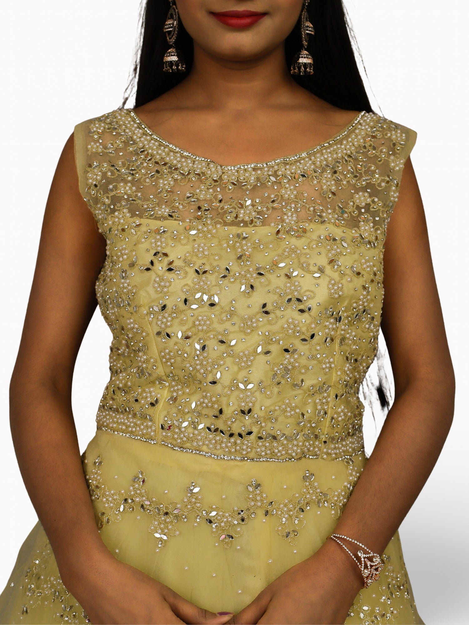 Gown with Pearls &amp; Sequin by Shreekama Lemon Yellow Designer Gowns for Party Festival Wedding Occasion in Noida