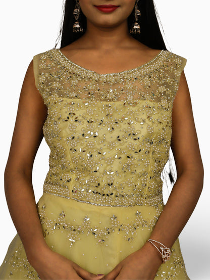 Gown with Pearls &amp; Sequin by Shreekama Lemon Yellow Designer Gowns for Party Festival Wedding Occasion in Noida