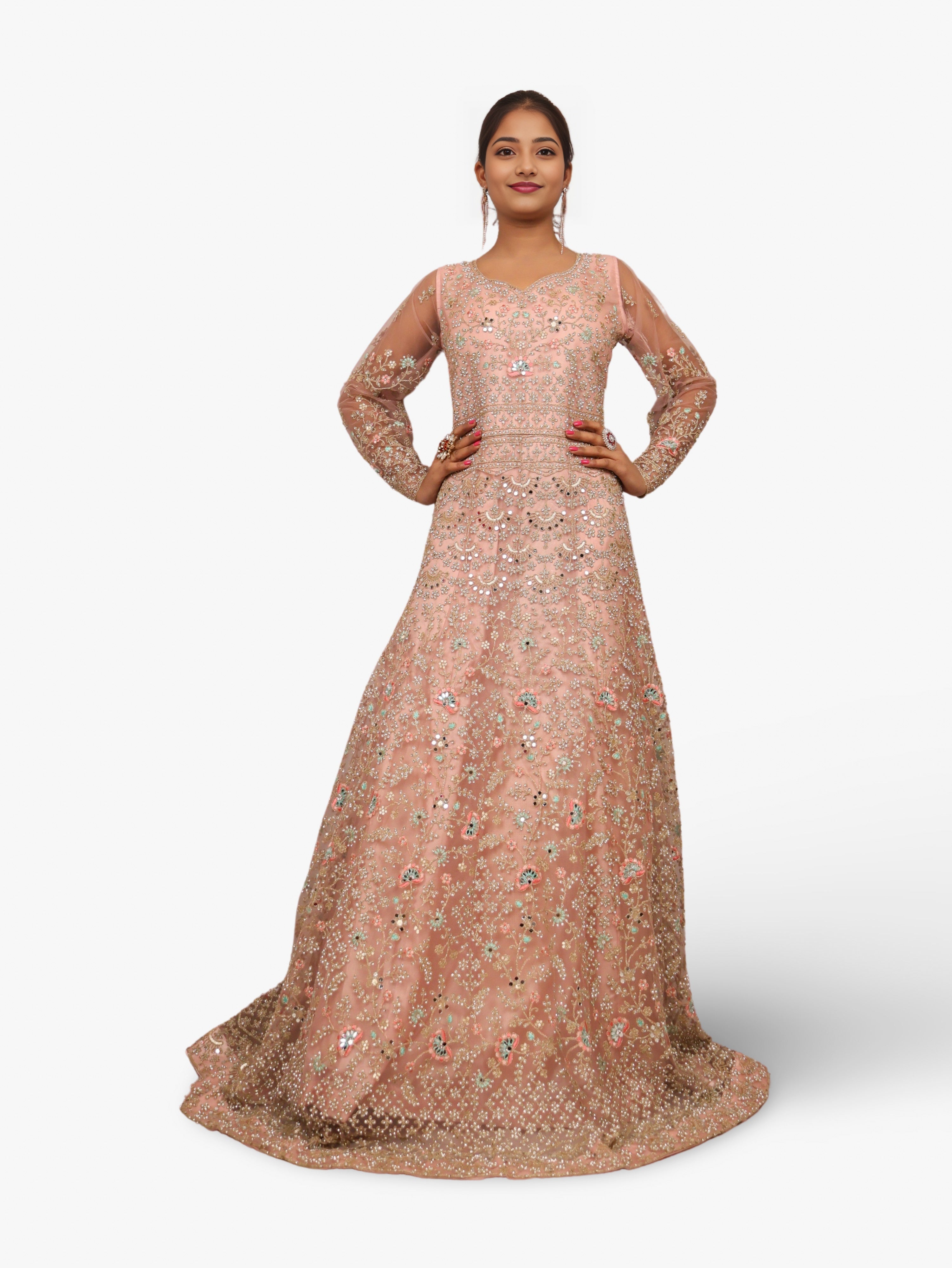 Gown with Stone Work &amp; Embroidery by Shreekama Baby Pink Designer Gowns for Party Festival Wedding Occasion in Noida