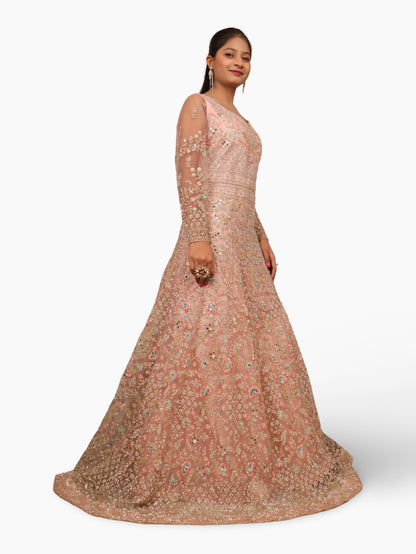 Gown with Stone Work &amp; Embroidery by Shreekama Baby Pink Designer Gowns for Party Festival Wedding Occasion in Noida