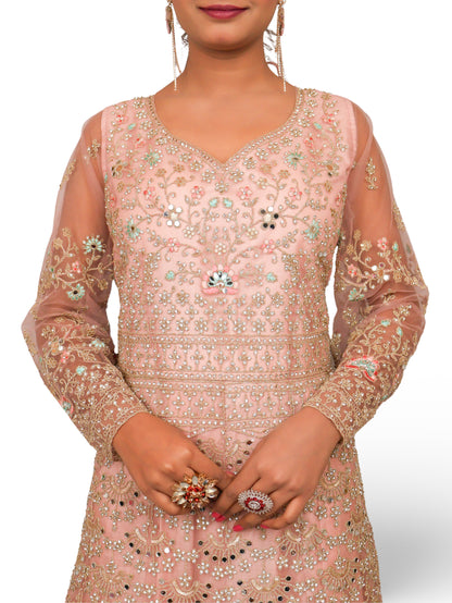 Gown with Stone Work &amp; Embroidery by Shreekama Baby Pink Designer Gowns for Party Festival Wedding Occasion in Noida