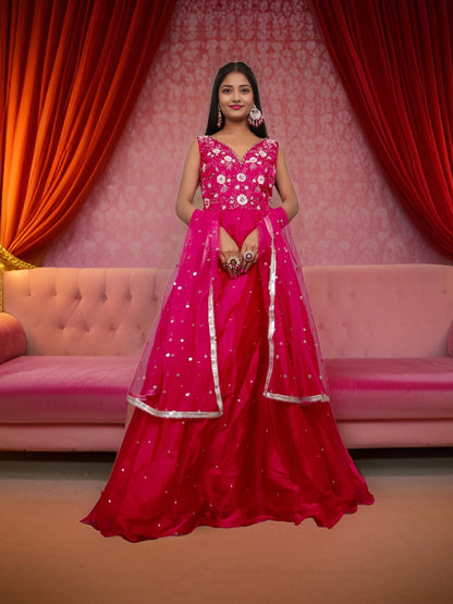 Gown with Sequin &amp; Cut Dana Work by Shreekama Magenta Designer Gowns for Party Festival Wedding Occasion in Noida