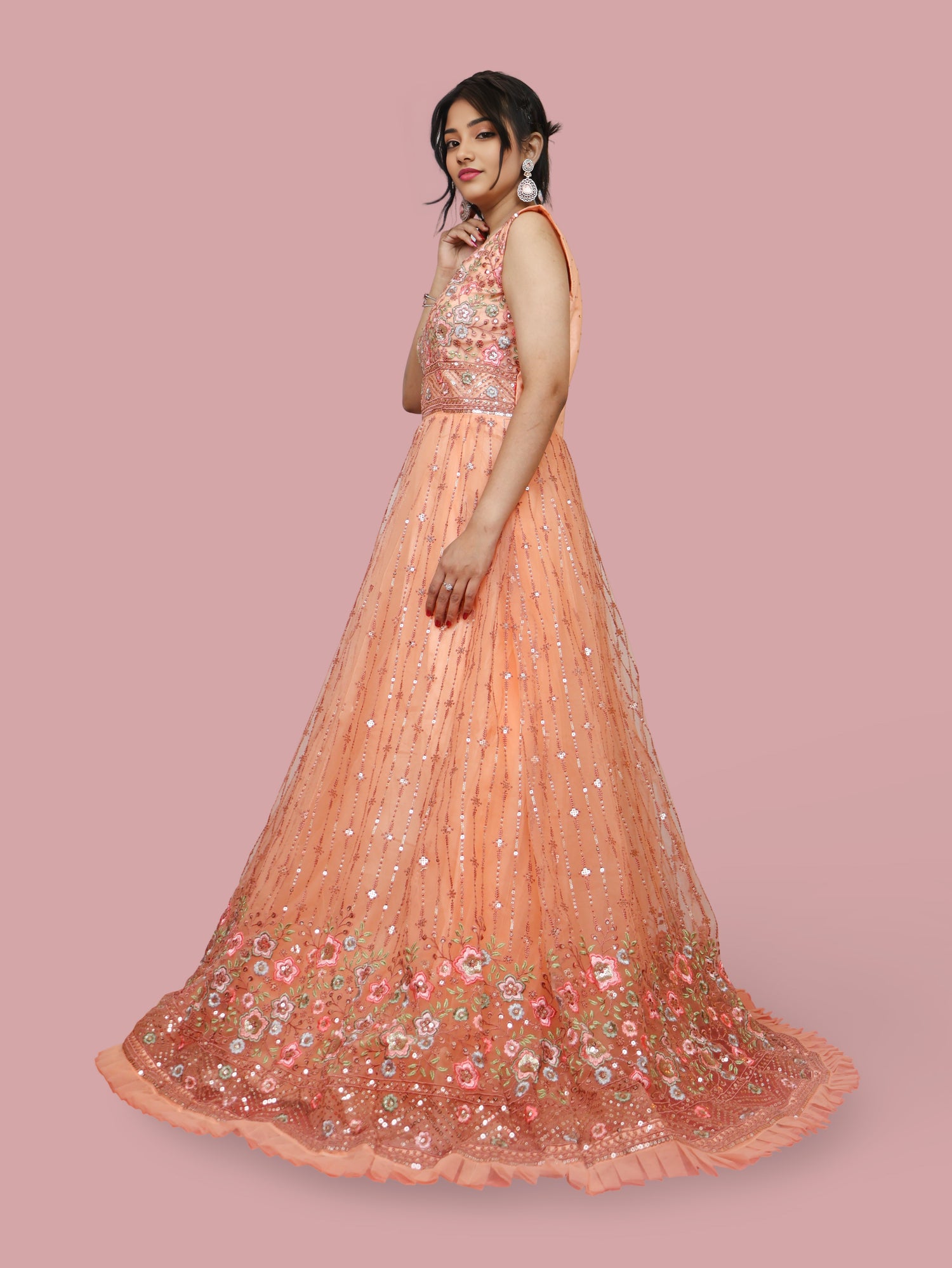 Peach Gown with Embroidery &amp; Sequin Work by Shreekama Peach Designer Gowns for Party Festival Wedding Occasion in Noida