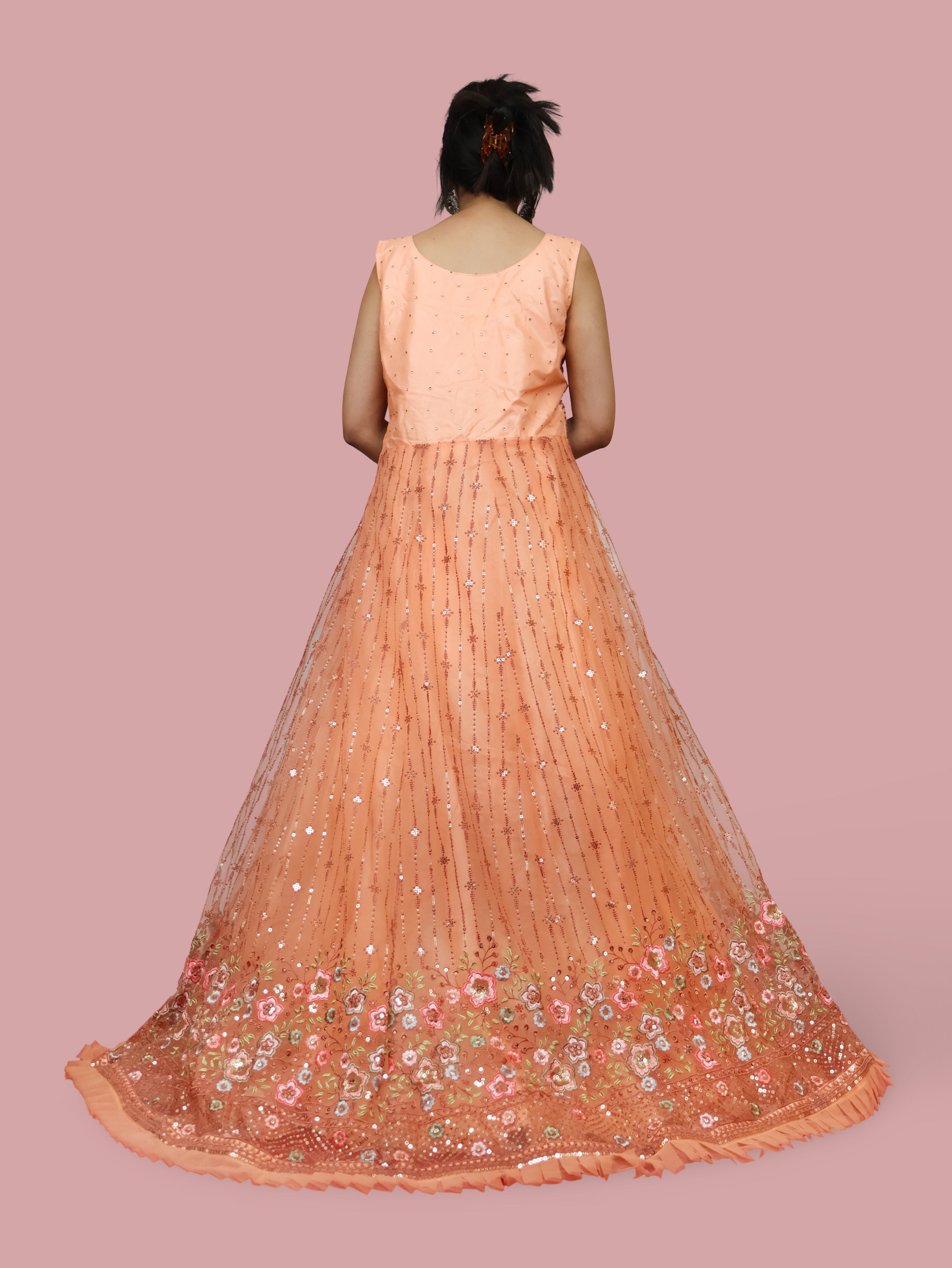 Peach Gown with Embroidery &amp; Sequin Work by Shreekama Peach Designer Gowns for Party Festival Wedding Occasion in Noida