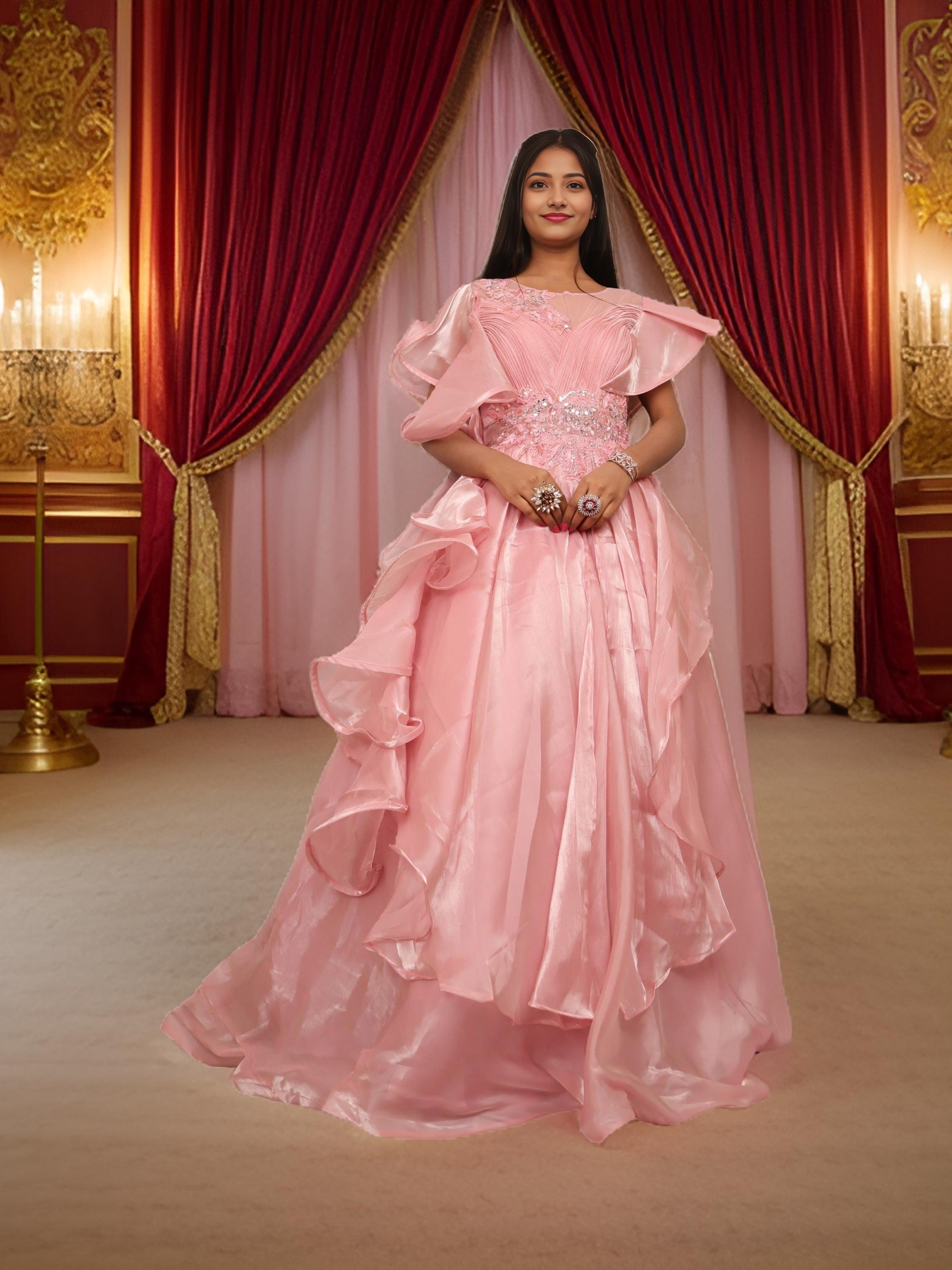 Baby Pink Gown with Mirror &amp; Embroidery Work by Shreekama