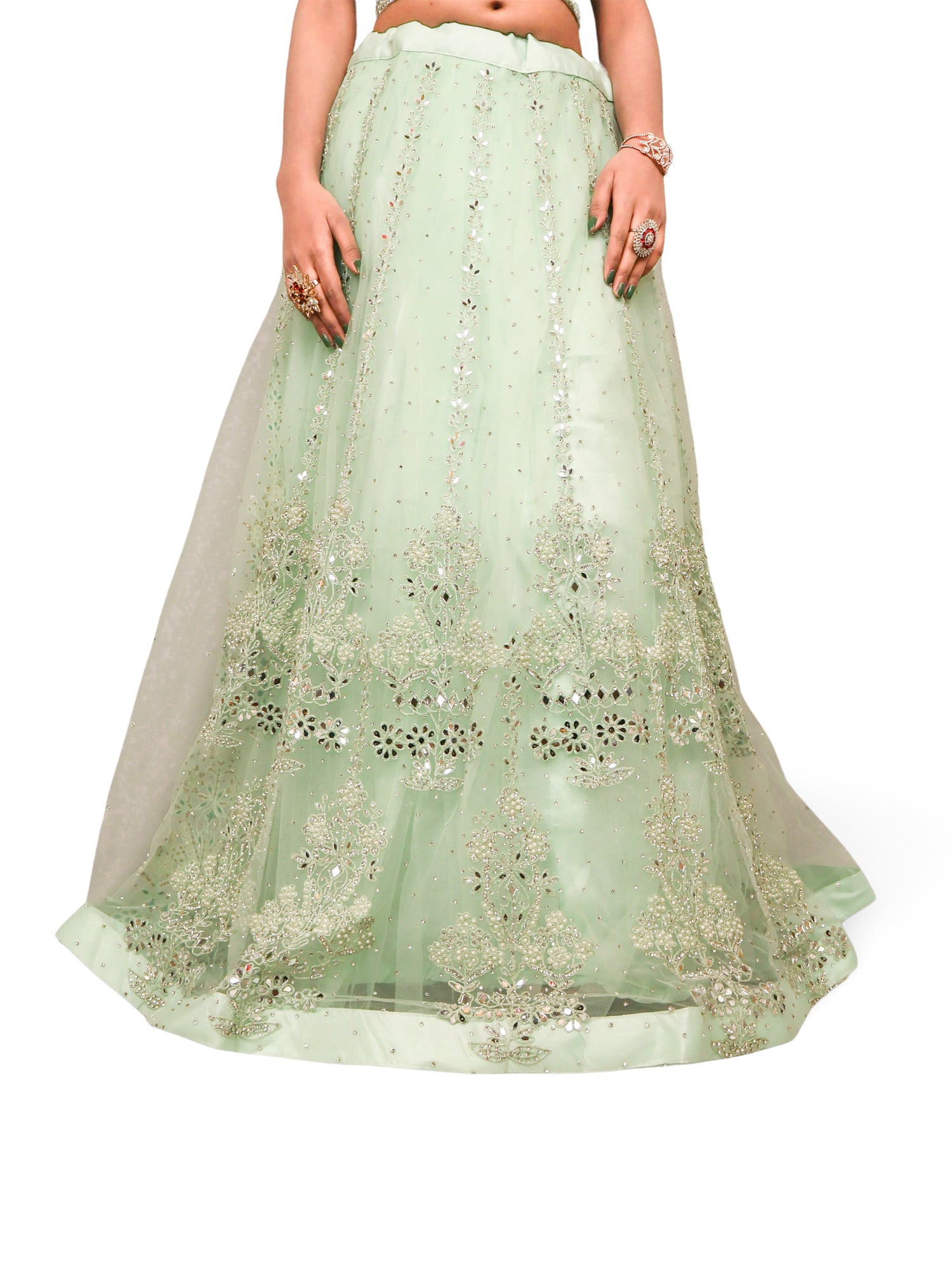 Designer Lehenga Choli with Embroidery and Mirror Peal Work by Shreekama Pista Green Designer Lehenga for Party Festival Wedding Occasion in Noida