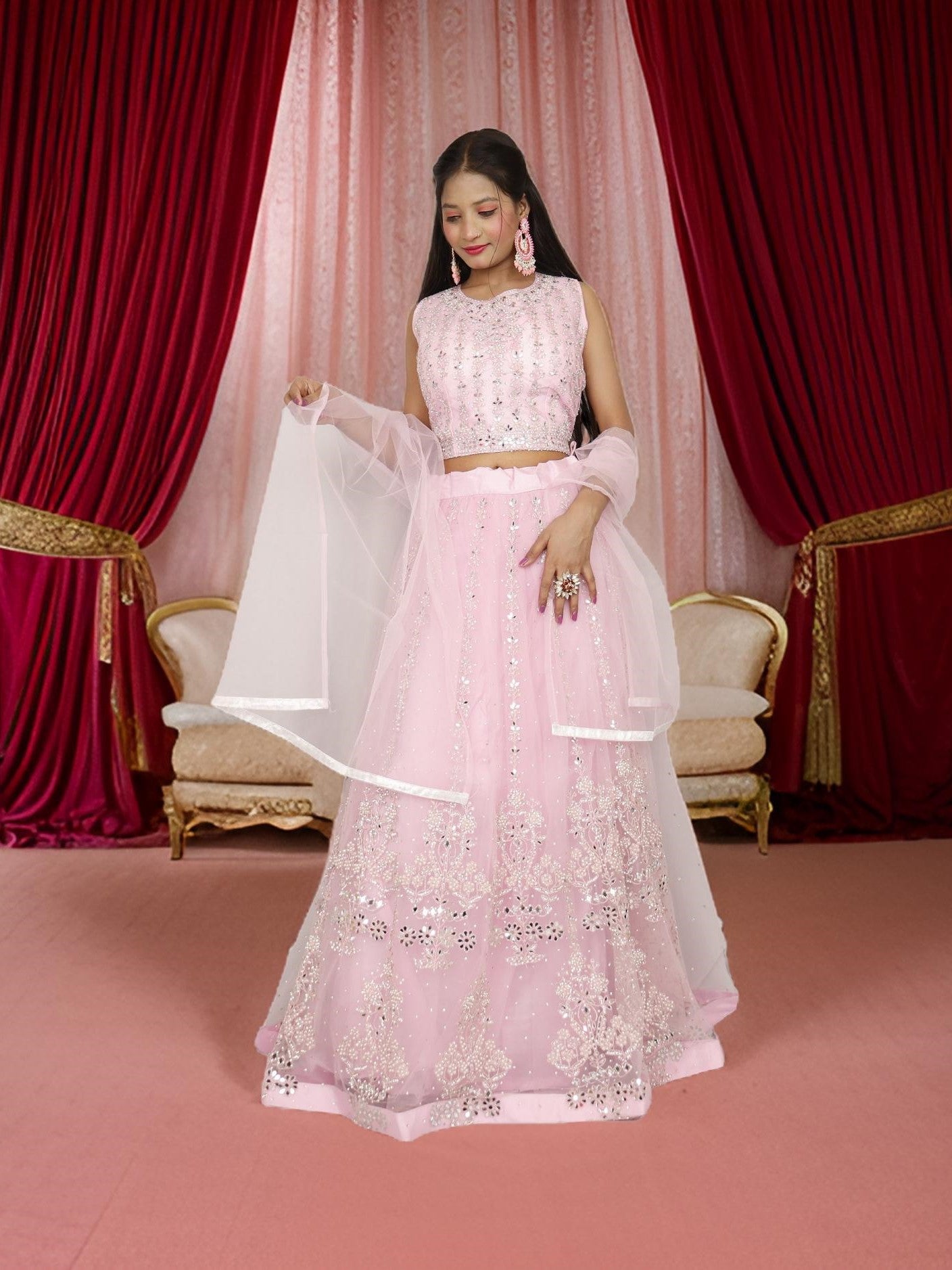 Beautiful mirror and stone work on this pink lehenga set for women by Shreekama Pink Designer Lehenga for Party Festival Wedding Occasion in Noida